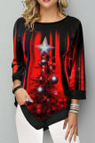 Black Red Casual Print Patchwork O Neck Tops