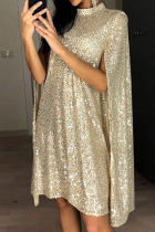 Gold Elegant Solid Sequins Patchwork Half A Turtleneck Straight Dresses
