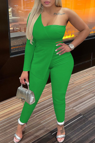 Green Sexy Casual Solid Patchwork Backless Asymmetrical One Shoulder Long Sleeve Two Pieces