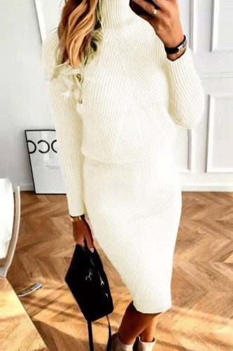 White Black Turtleneck Long Sleeve Ribbed Knit Sweater Top and Bodycon Midi Skirt Fall Winter Two Piece Dress Set