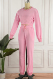 Pink Solid Patchwork O Neck Long Sleeve Two Pieces