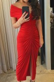 Red Sexy Solid Slit Fold Off the Shoulder Evening Dress Dresses