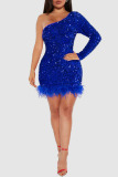 Blue Sexy Solid Sequins Patchwork Feathers Oblique Collar Pencil Skirt Dresses