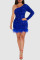 Blue Sexy Solid Sequins Patchwork Feathers Oblique Collar Pencil Skirt Dresses