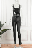 Black Sexy Solid Hollowed Out Patchwork See-through Backless Spaghetti Strap Skinny Jumpsuits