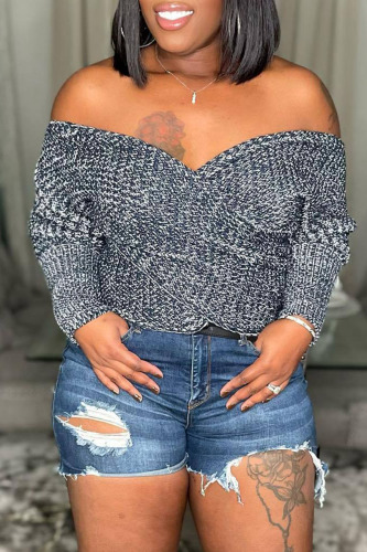 Blue White Sexy Solid Patchwork Off the Shoulder Tops
