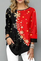 Black Red Casual Print Patchwork O Neck Tops