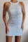 White Sexy Elegant Solid Sequins Patchwork Chains O Neck Pencil Skirt Dresses