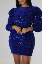 Blue Sexy Solid Sequins Patchwork O Neck Pencil Skirt Dresses