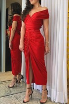 Red Sexy Solid Slit Fold Off the Shoulder Evening Dress Dresses