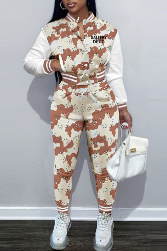 Khaki Casual Print Patchwork Long Sleeve Two Pieces