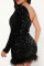 Black Sexy Solid Sequins Patchwork Feathers Oblique Collar Pencil Skirt Dresses