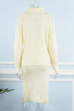 White Casual Solid Basic Turtleneck Long Sleeve Two Pieces