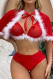 Red Sexy Living Solid Patchwork Frenulum Christmas Day Lingerie