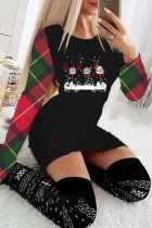 Black Red Casual Print Patchwork Basic O Neck Long Sleeve Dresses