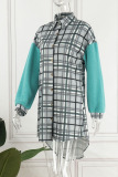 Turquoise Casual Plaid Print Patchwork Buckle Turndown Collar Tops