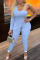 Blue Sexy Casual Solid Patchwork Backless Asymmetrical One Shoulder Long Sleeve Two Pieces