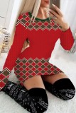 Red White Casual Print Patchwork Basic O Neck Long Sleeve Dresses