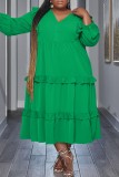 Army Green Casual Solid Patchwork V Neck Long Sleeve Plus Size Dresses