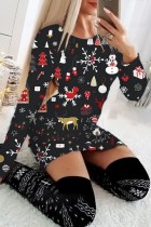 Black Casual Print Patchwork Basic O Neck Long Sleeve Dresses