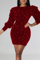 Burgundy Sexy Solid Sequins Patchwork O Neck Pencil Skirt Dresses