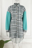 Turquoise Casual Plaid Print Patchwork Buckle Turndown Collar Tops