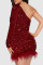 Red Sexy Solid Sequins Patchwork Feathers Oblique Collar Pencil Skirt Dresses