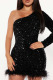 Black Sexy Solid Sequins Patchwork Feathers Oblique Collar Pencil Skirt Dresses