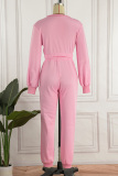 Pink Solid Patchwork O Neck Long Sleeve Two Pieces