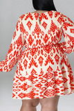 Earth Yellow Casual Print Bandage Patchwork O Neck Straight Plus Size Dresses