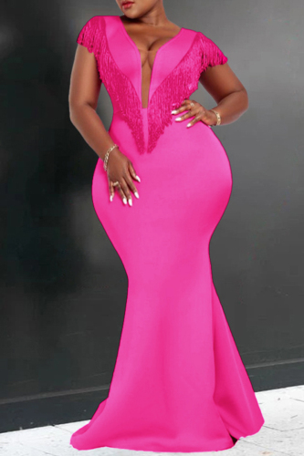 Rose Red Formal Deep V Neck Fringed Short Sleeve Evening Bodycon Maxi Wedding Party Dress