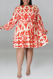 White Casual Print Bandage Patchwork O Neck Straight Plus Size Dresses