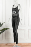 Black Sexy Solid Hollowed Out Patchwork See-through Backless Spaghetti Strap Skinny Jumpsuits
