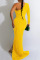 Yellow Sexy Solid Patchwork Fold Oblique Collar Long Dress Dresses
