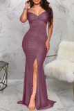 Burgundy Elegant Solid Patchwork Slit Fold V Neck Evening Dress Dresses