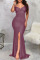 Burgundy Elegant Solid Patchwork Slit Fold V Neck Evening Dress Dresses