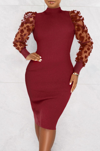 Red Black Turtleneck Floral Lace Sleeve Bodycon Knit Midi Sweater Dress Perfect For Fall Winter Casual & Party Wear