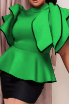 Green Casual Elegant Solid Patchwork Flounce O Neck T-Shirts
