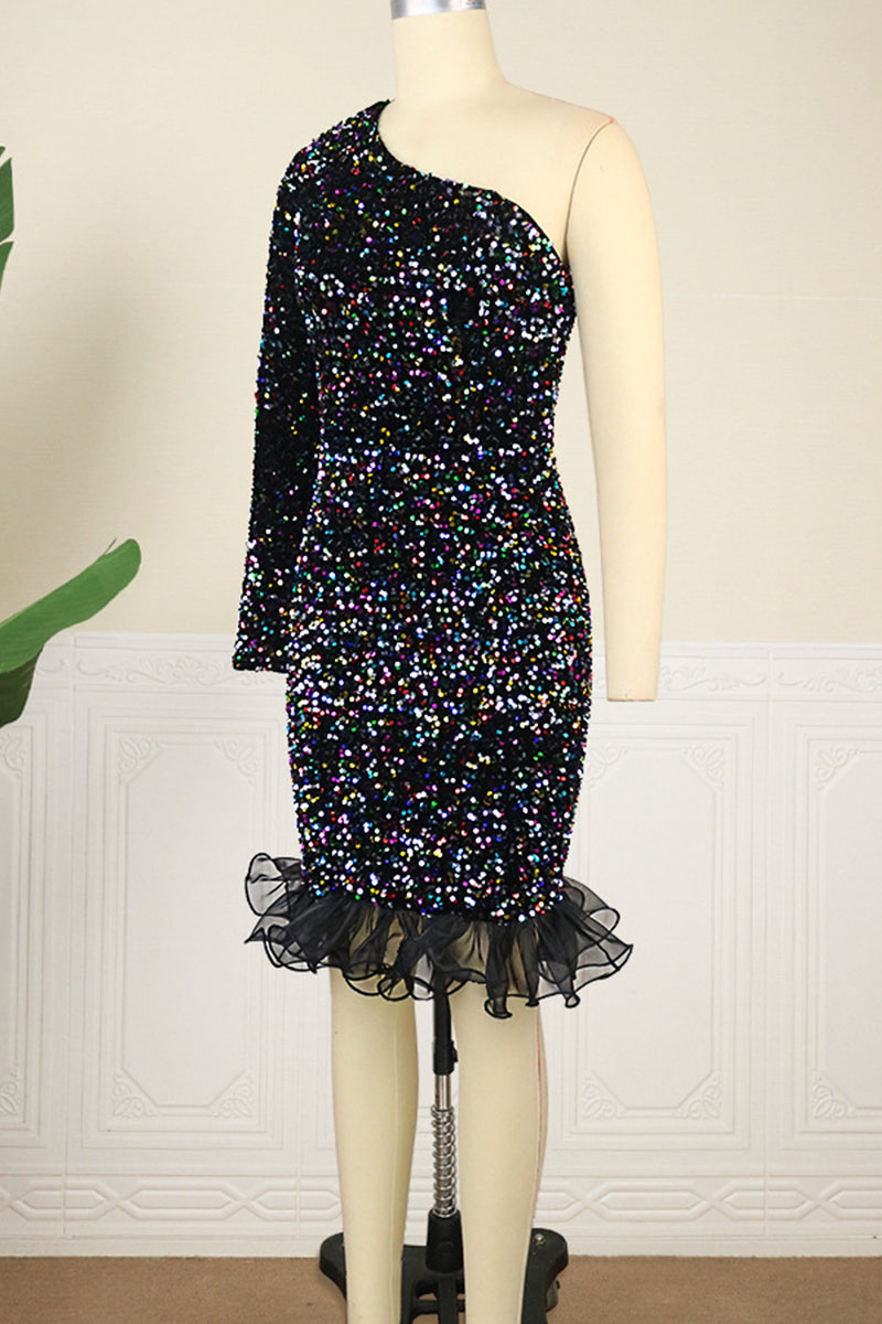 Celebrities Elegant Solid Sequins Oblique Collar Evening Dress Dresses