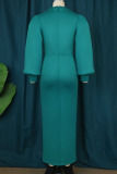 Cyan Elegant Solid Patchwork Buttons Slit V Neck Evening Dress Dresses