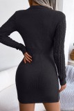 Khaki Casual Solid Hollowed Out Patchwork O Neck Long Sleeve Dresses