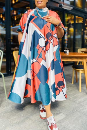 Colour Plus Size Casual Geometric Printing Turtleneck Printed Dress