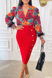 Red Floral Feathers Printing Contrast V Neck Long Sleeve Two Pieces