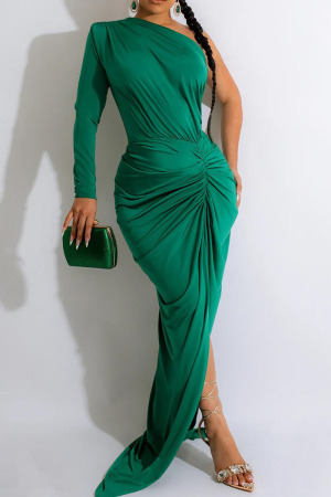 Green Sexy Solid Patchwork Fold Oblique Collar Long Dress Dresses