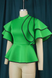 Green Casual Elegant Solid Patchwork Flounce O Neck T-Shirts
