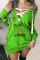 Fluorescent Green Casual Print Bandage Hollowed Out Patchwork V Neck T-shirt Dress Dresses