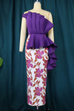 Purple Elegant Print Patchwork Flounce Strapless Evening Dress Dresses
