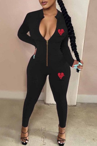 Black Sexy Print Patchwork Zipper Collar Jumpsuits