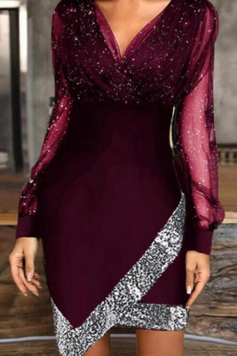 Burgundy Elegant Solid Sequins Patchwork V Neck Long Sleeve Dresses
