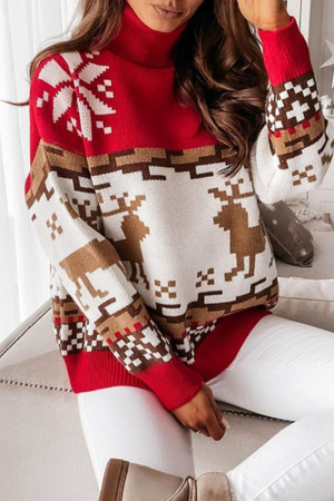 Red Casual Patchwork Turtleneck Tops